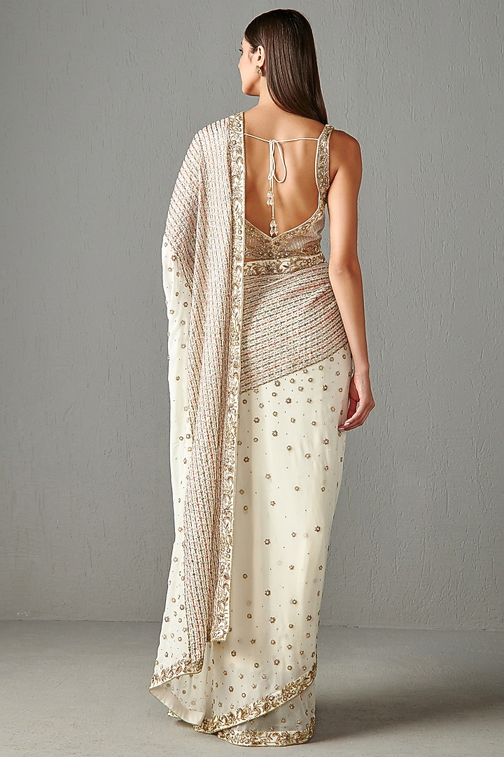 Ivory Georgette Embroidered Reception Saree by Rabani & Rakha at Pernia's Pop Up Shop