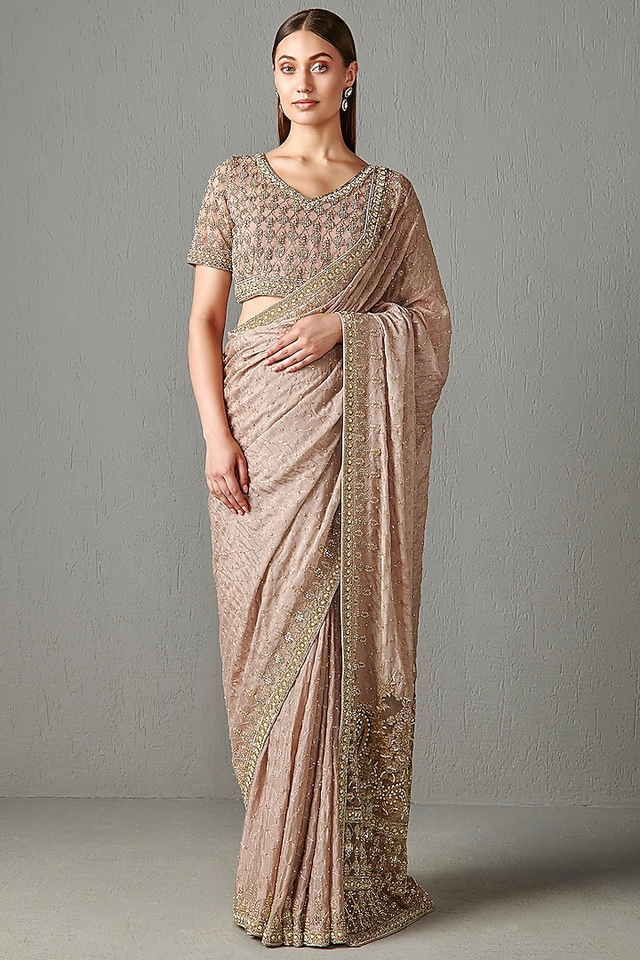 Salmon Pink Crinkle Georgette Saree by Rabani & Rakha