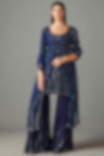 Blue Georgette Sequins Embroidered Gharara Set by Rabani & Rakha