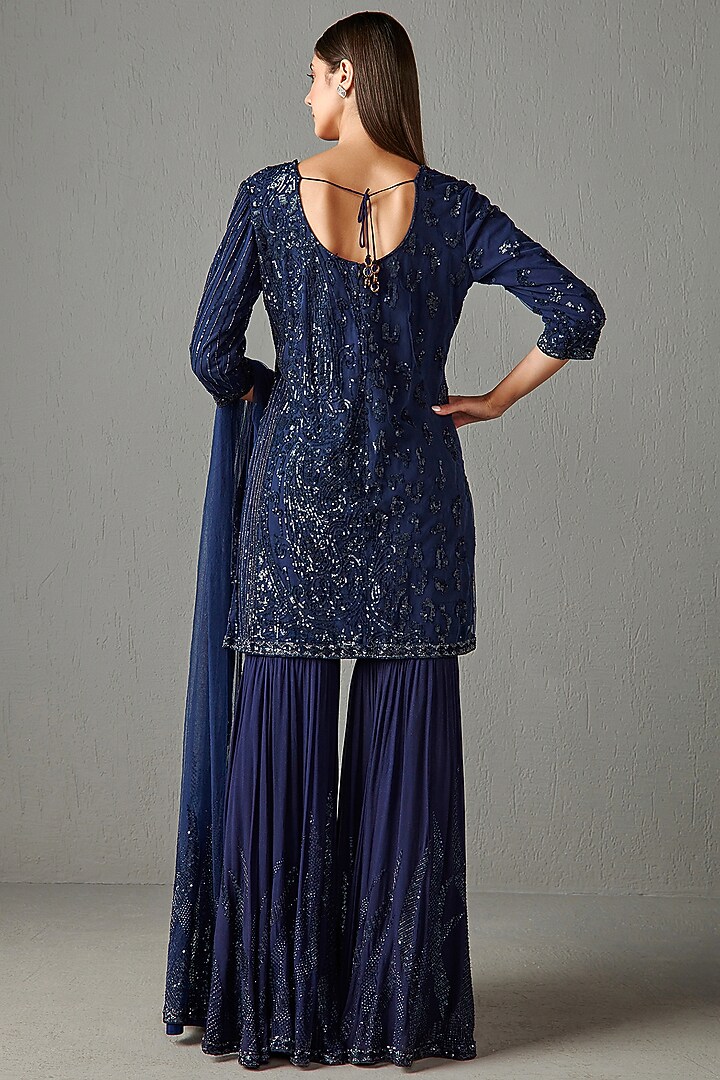 Blue Georgette Sequins Embroidered Gharara Set by Rabani & Rakha at Pernia's Pop Up Shop