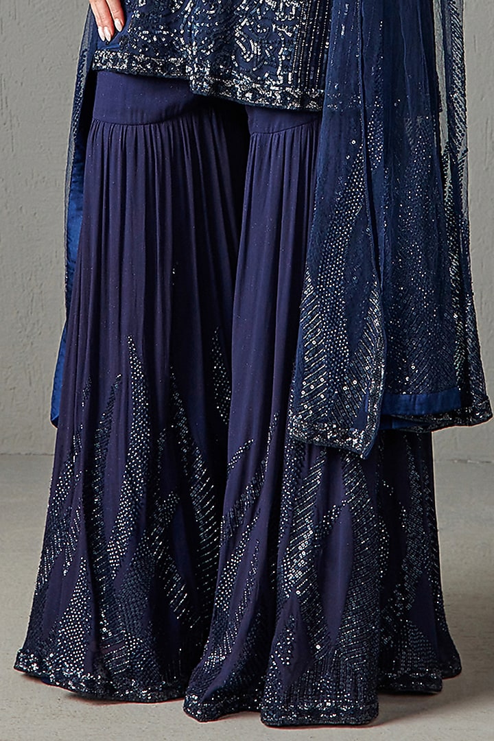 Blue Georgette Sequins Embroidered Gharara Set by Rabani & Rakha at Pernia's Pop Up Shop