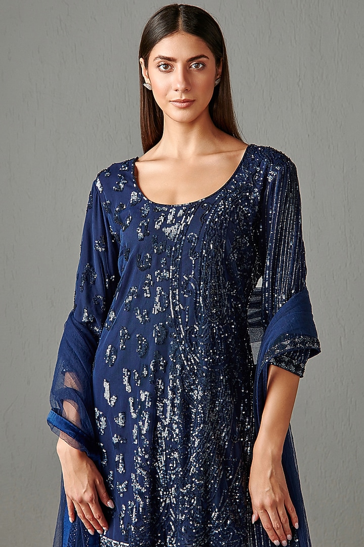 Blue Georgette Sequins Embroidered Gharara Set by Rabani & Rakha at Pernia's Pop Up Shop