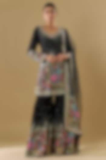 Black Georgette Thread Jaal Embroidered Gharara Set by Rabani & Rakha at Pernia's Pop Up Shop