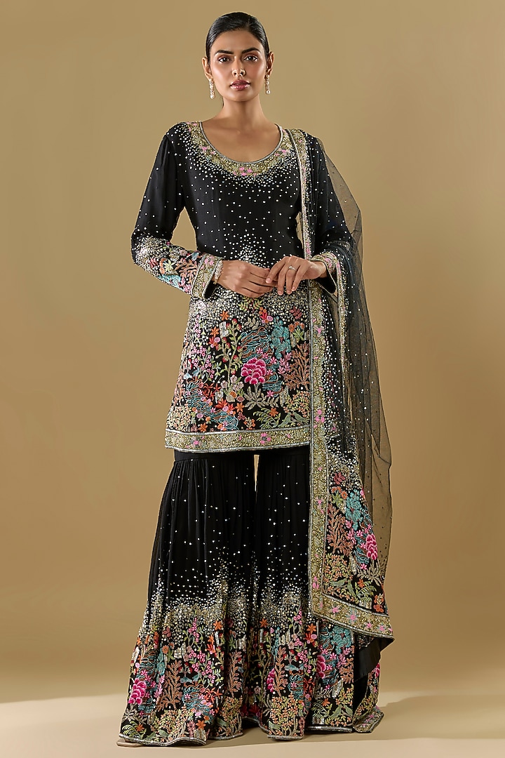 Black Georgette Thread Jaal Embroidered Gharara Set by Rabani & Rakha at Pernia's Pop Up Shop