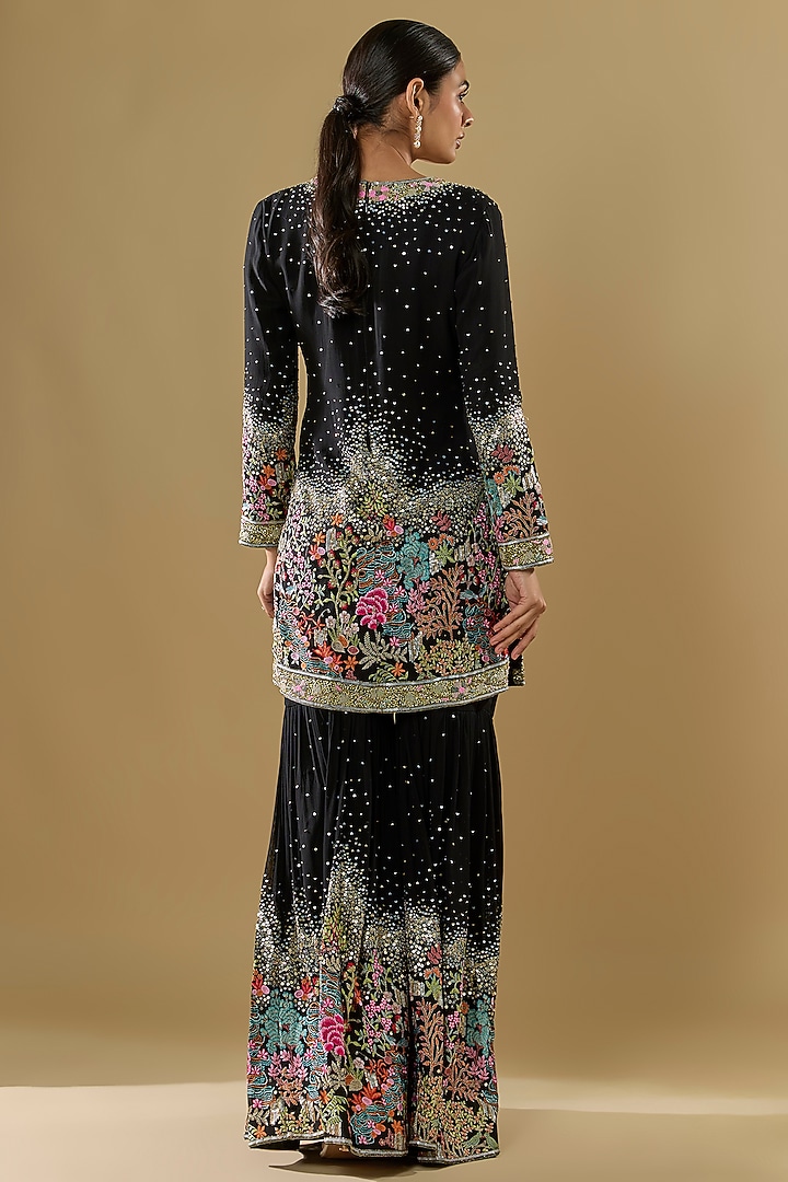 Black Georgette Thread Jaal Embroidered Gharara Set by Rabani & Rakha at Pernia's Pop Up Shop