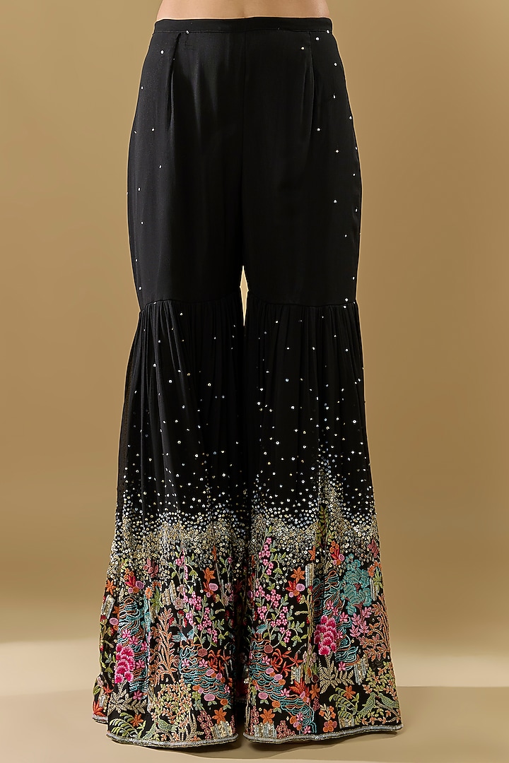Black Georgette Thread Jaal Embroidered Gharara Set by Rabani & Rakha at Pernia's Pop Up Shop