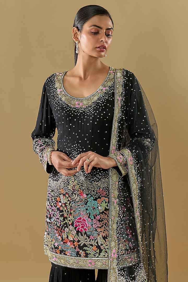Black Georgette Thread Jaal Embroidered Gharara Set by Rabani & Rakha at Pernia's Pop Up Shop