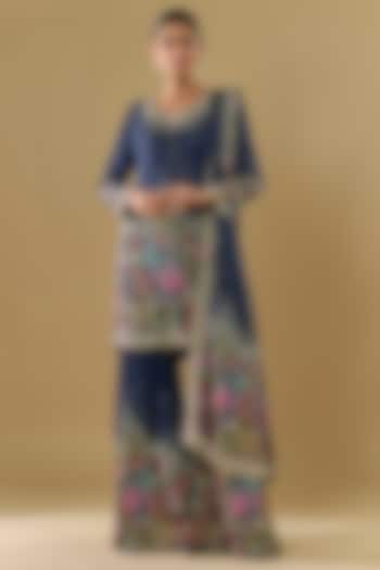 Blue Georgette Thread Jaal Embroidered Gharara Set by Rabani & Rakha at Pernia's Pop Up Shop