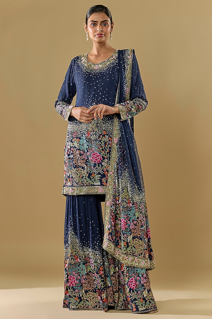 Blue Georgette Thread Jaal Embroidered Gharara Set by Rabani & Rakha at Pernia's Pop Up Shop