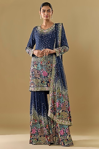 Blue Georgette Thread Jaal Embroidered Gharara Set by Rabani & Rakha