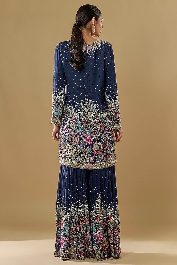 Blue Georgette Thread Jaal Embroidered Gharara Set by Rabani & Rakha at Pernia's Pop Up Shop