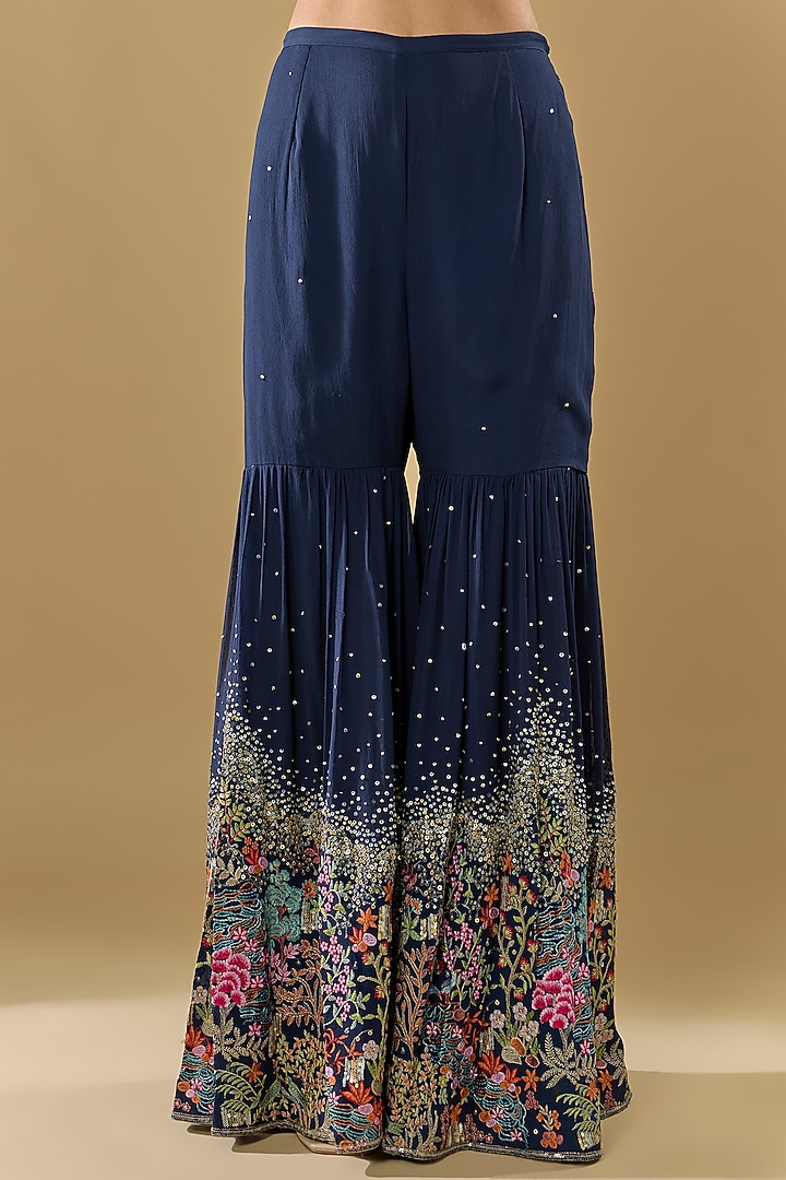 Blue Georgette Thread Jaal Embroidered Gharara Set by Rabani & Rakha at Pernia's Pop Up Shop