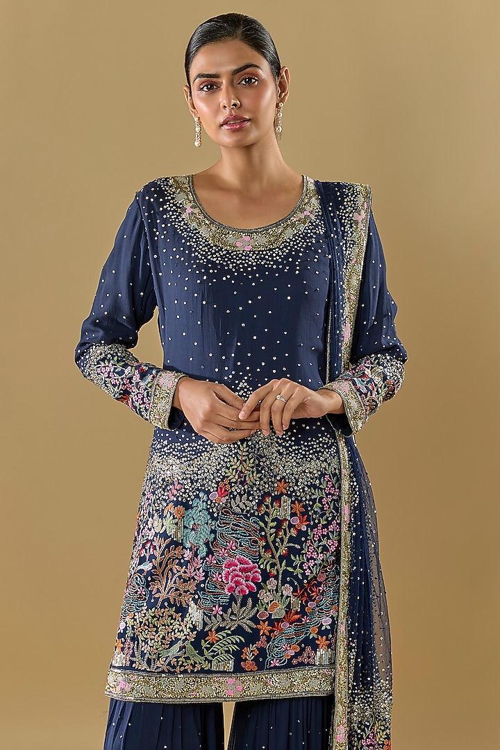 Blue Georgette Thread Jaal Embroidered Gharara Set by Rabani & Rakha at Pernia's Pop Up Shop