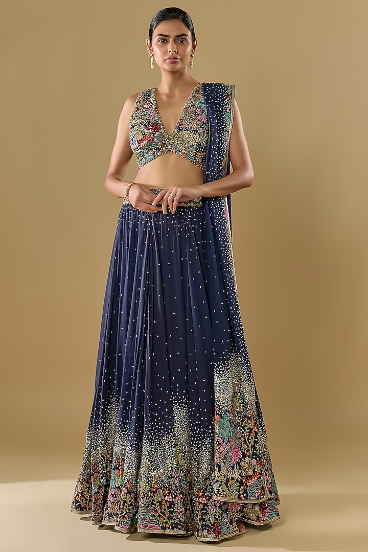 Blue Georgette Thread Jaal Embroidered Bridal Lehenga Set by Rabani & Rakha at Pernia's Pop Up Shop
