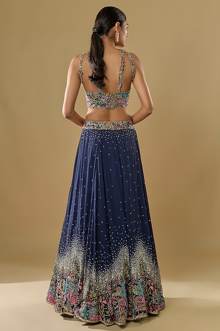 Blue Georgette Thread Jaal Embroidered Bridal Lehenga Set by Rabani & Rakha at Pernia's Pop Up Shop