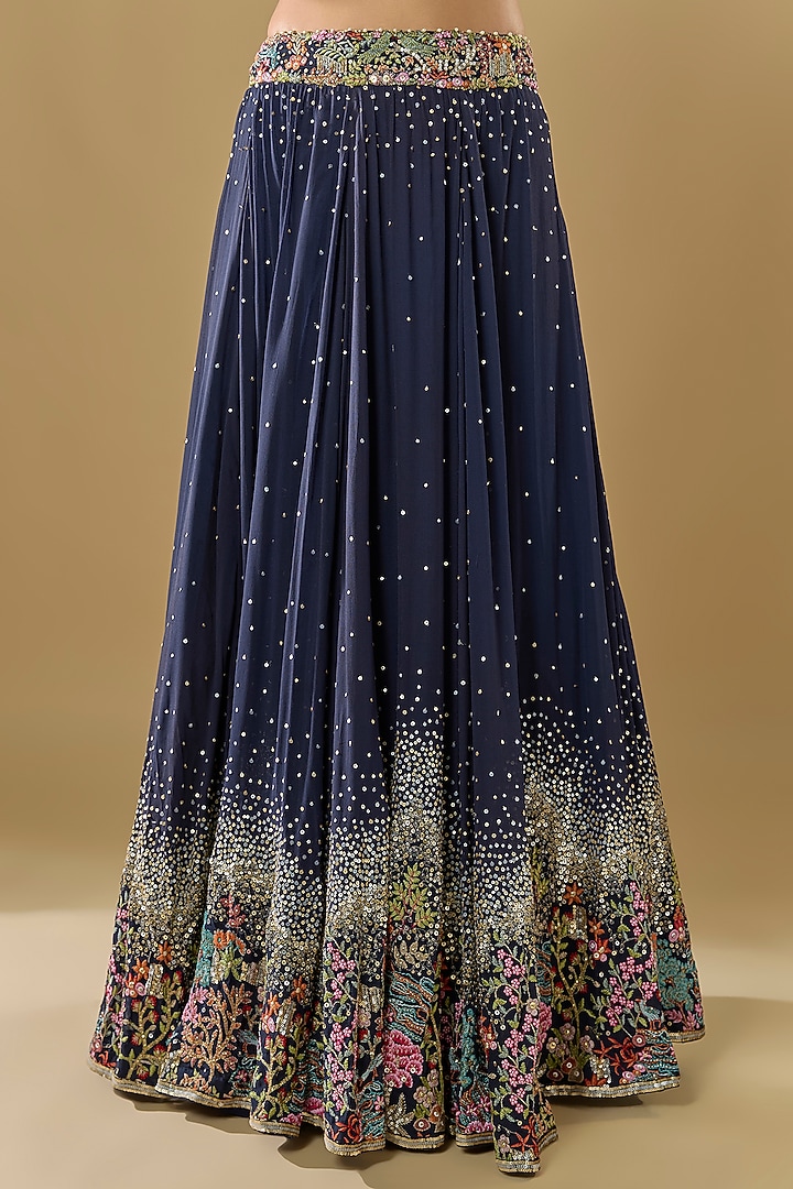 Blue Georgette Thread Jaal Embroidered Bridal Lehenga Set by Rabani & Rakha at Pernia's Pop Up Shop