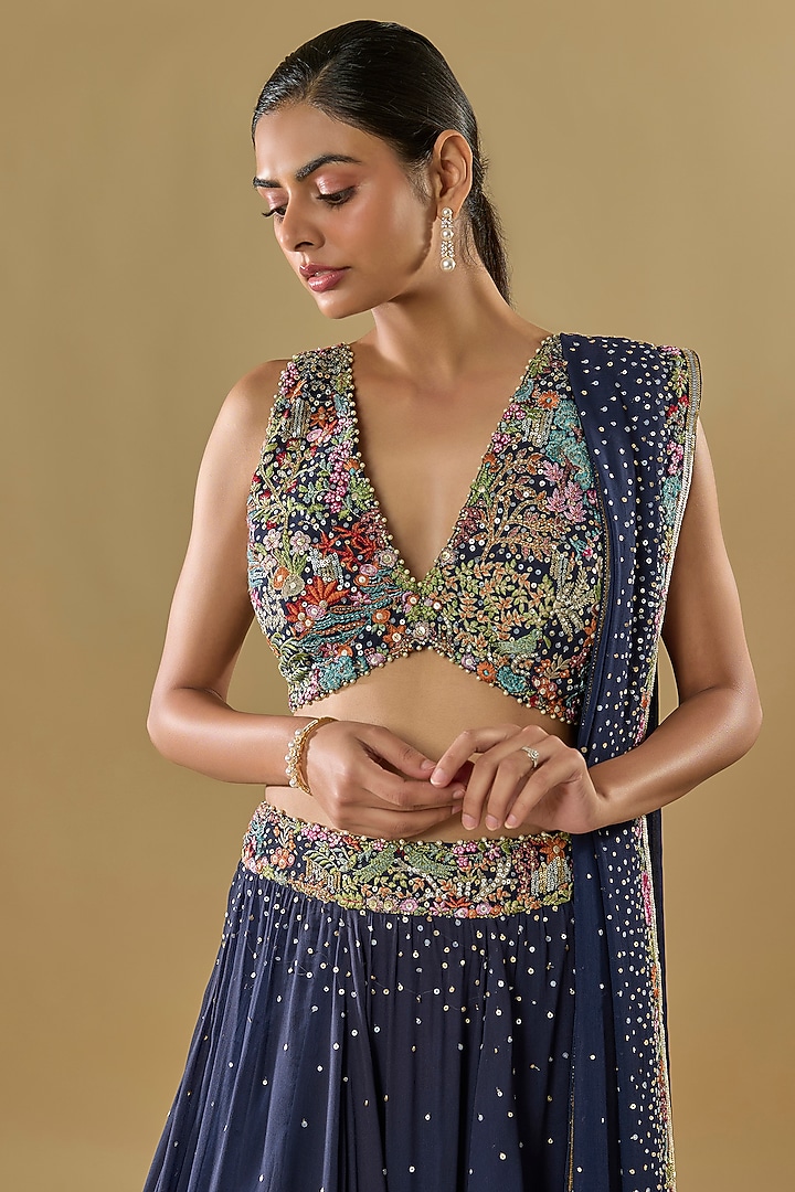 Blue Georgette Thread Jaal Embroidered Bridal Lehenga Set by Rabani & Rakha at Pernia's Pop Up Shop