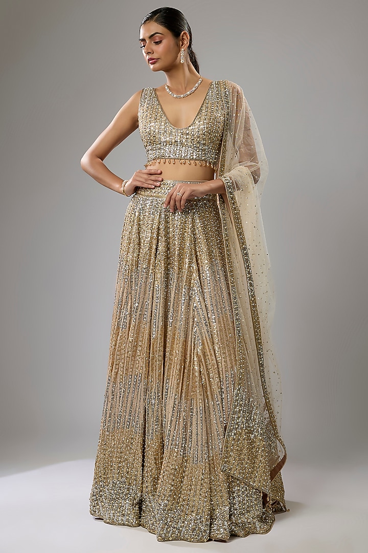 Salmon Pink Sequins Embroidered Bridal Lehenga Set by Rabani & Rakha at Pernia's Pop Up Shop