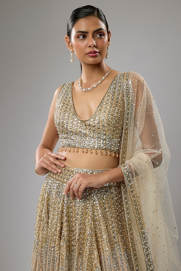Salmon Pink Sequins Embroidered Bridal Lehenga Set by Rabani & Rakha at Pernia's Pop Up Shop