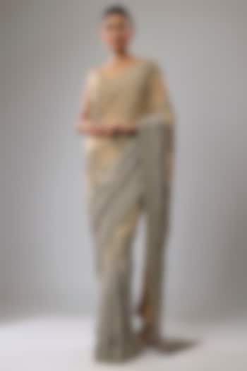 Gold & Silver Shaded Georgette Hand Embroidered Bridal Saree Set by Rabani & Rakha at Pernia's Pop Up Shop