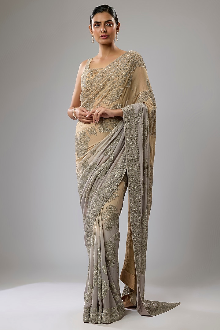 Gold & Silver Shaded Georgette Hand Embroidered Bridal Saree Set by Rabani & Rakha at Pernia's Pop Up Shop