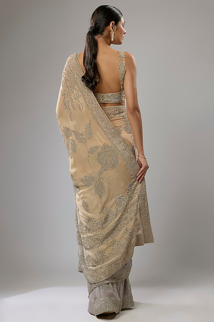 Gold & Silver Shaded Georgette Hand Embroidered Bridal Saree Set by Rabani & Rakha at Pernia's Pop Up Shop