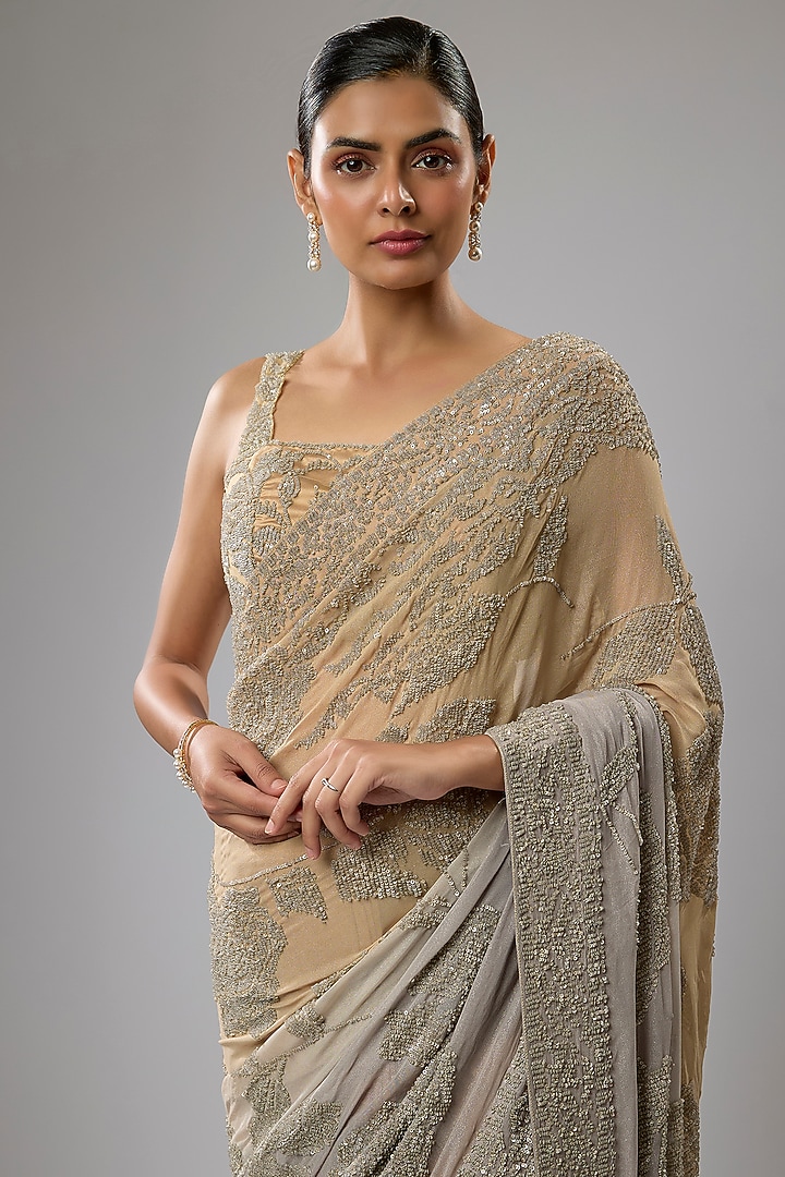 Gold & Silver Shaded Georgette Hand Embroidered Bridal Saree Set by Rabani & Rakha at Pernia's Pop Up Shop