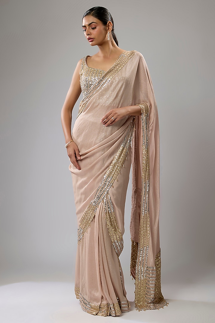 Salmon Pink Georgette Sequins Embroidered Palazzo Pant Reception Saree Set by Rabani & Rakha at Pernia's Pop Up Shop