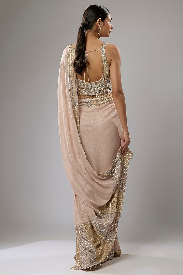 Salmon Pink Georgette Sequins Embroidered Palazzo Pant Reception Saree Set by Rabani & Rakha at Pernia's Pop Up Shop