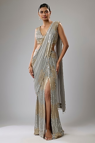 Grey Georgette Sequins Embroidered Pre-Stitched Skirt Saree Set by Rabani & Rakha
