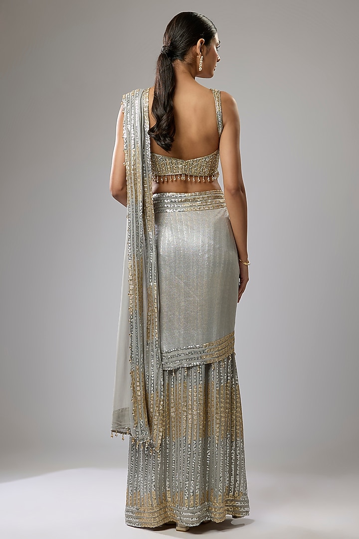 Grey Georgette Sequins Embroidered Pre-Stitched Skirt Reception Saree Set by Rabani & Rakha at Pernia's Pop Up Shop