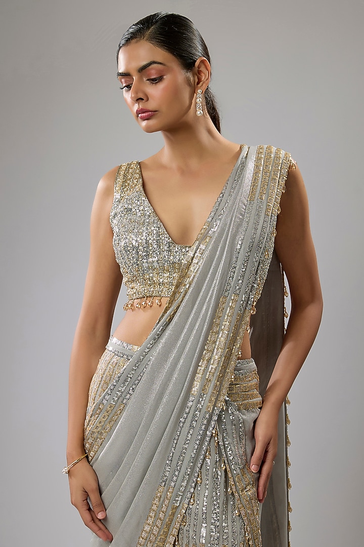 Grey Georgette Sequins Embroidered Pre-Stitched Skirt Reception Saree Set by Rabani & Rakha at Pernia's Pop Up Shop