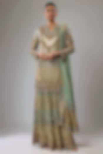 Sage Gold Georgette Sequins Embroidered Gharara Set by Rabani & Rakha at Pernia's Pop Up Shop