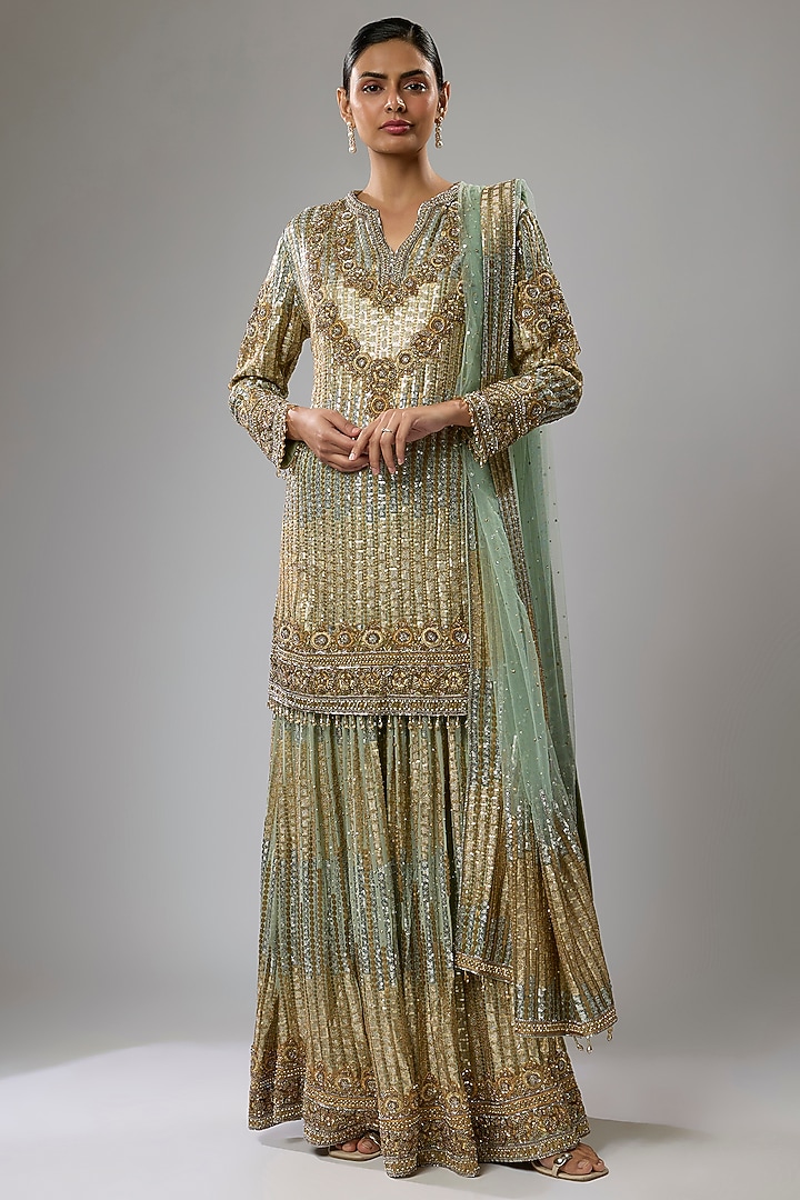 Sage Gold Georgette Sequins Embroidered Gharara Set by Rabani & Rakha at Pernia's Pop Up Shop
