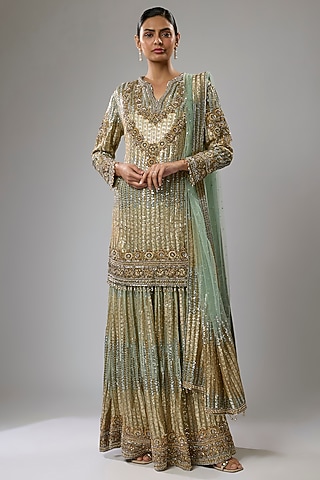 Sage Gold Georgette Sequins Embroidered Gharara Set by Rabani & Rakha