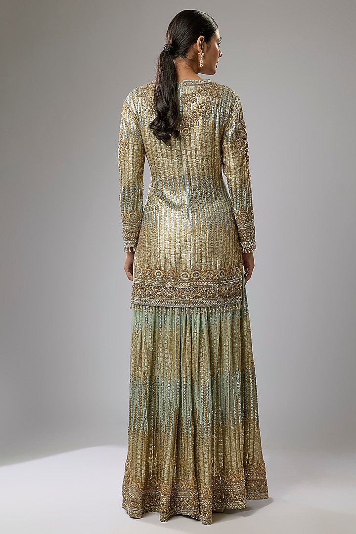 Sage Gold Georgette Sequins Embroidered Gharara Set by Rabani & Rakha at Pernia's Pop Up Shop