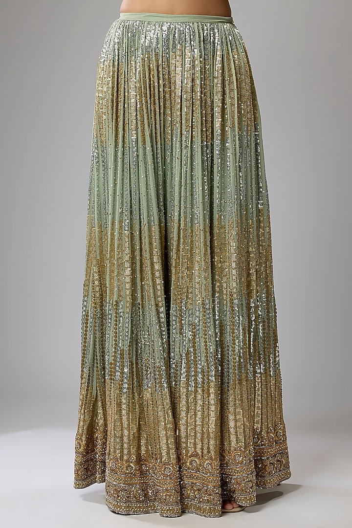 Sage Gold Georgette Sequins Embroidered Gharara Set by Rabani & Rakha at Pernia's Pop Up Shop