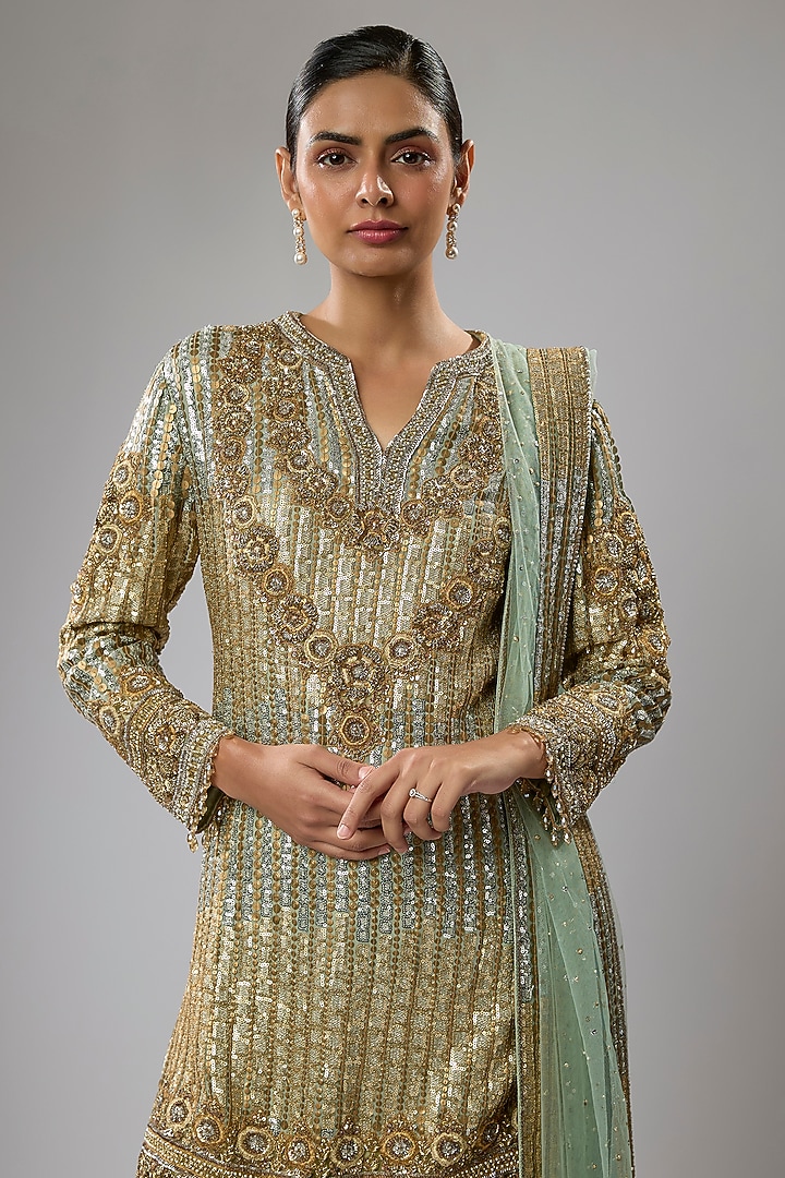Sage Gold Georgette Sequins Embroidered Gharara Set by Rabani & Rakha at Pernia's Pop Up Shop