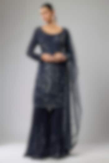 Blue Georgette Sequins Embroidered Gharara Set by Rabani & Rakha at Pernia's Pop Up Shop