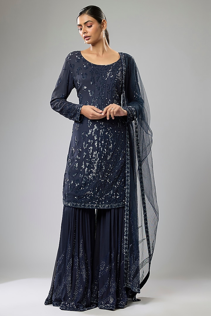 Blue Georgette Sequins Embroidered Gharara Set by Rabani & Rakha at Pernia's Pop Up Shop