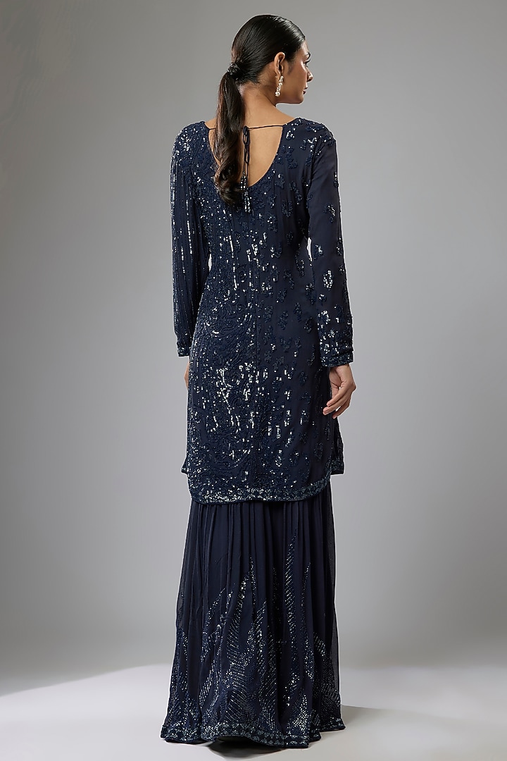 Blue Georgette Sequins Embroidered Gharara Set by Rabani & Rakha at Pernia's Pop Up Shop