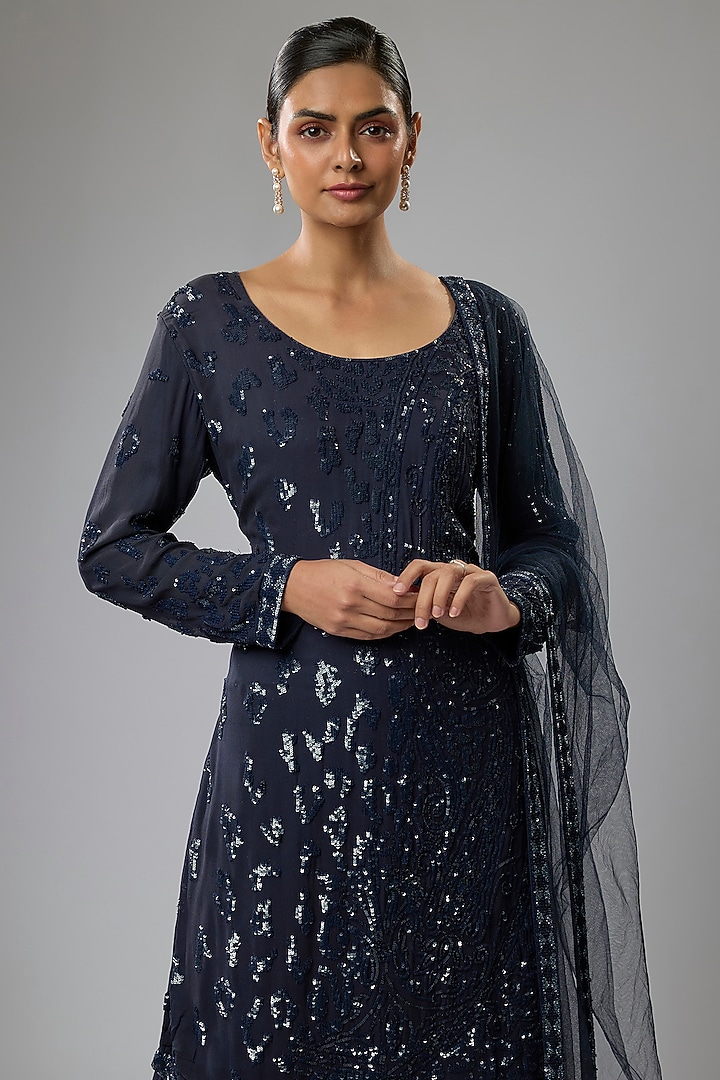 Blue Georgette Sequins Embroidered Gharara Set by Rabani & Rakha at Pernia's Pop Up Shop
