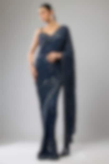 Blue Georgette Hand Embroidered Reception Saree Set by Rabani & Rakha at Pernia's Pop Up Shop