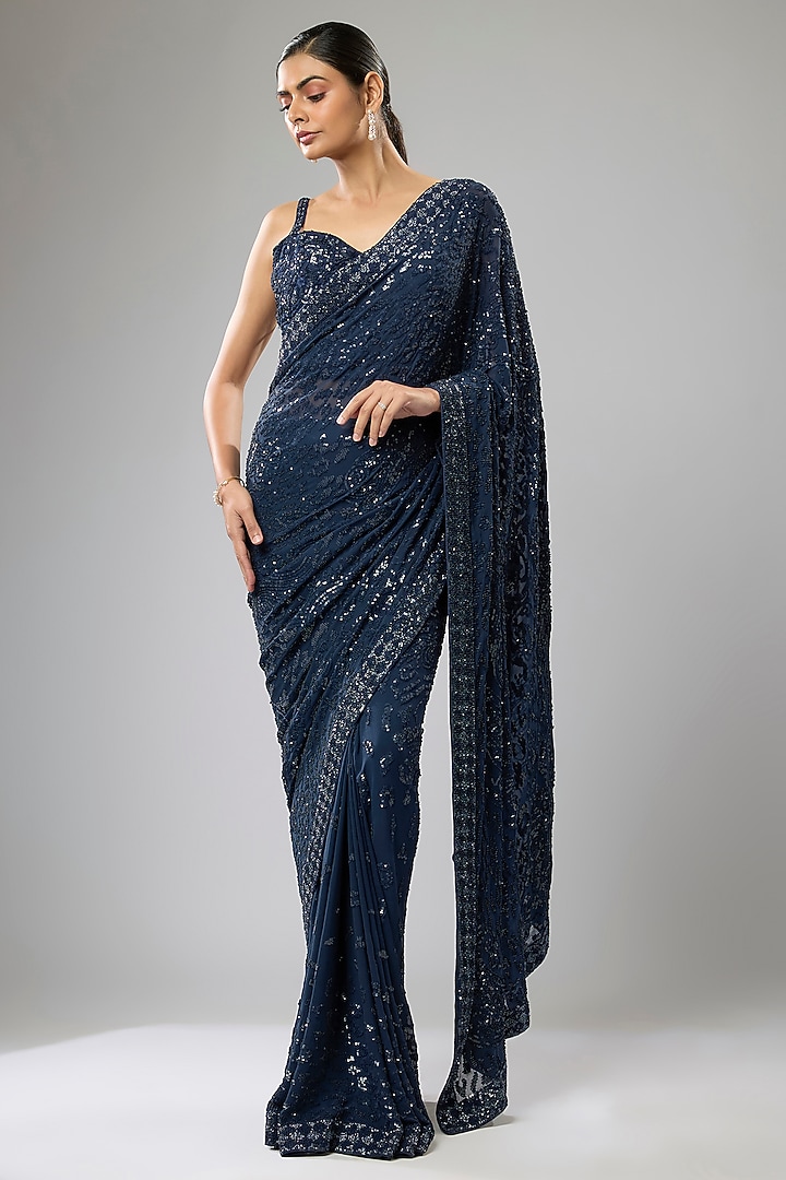 Blue Georgette Hand Embroidered Reception Saree Set by Rabani & Rakha at Pernia's Pop Up Shop