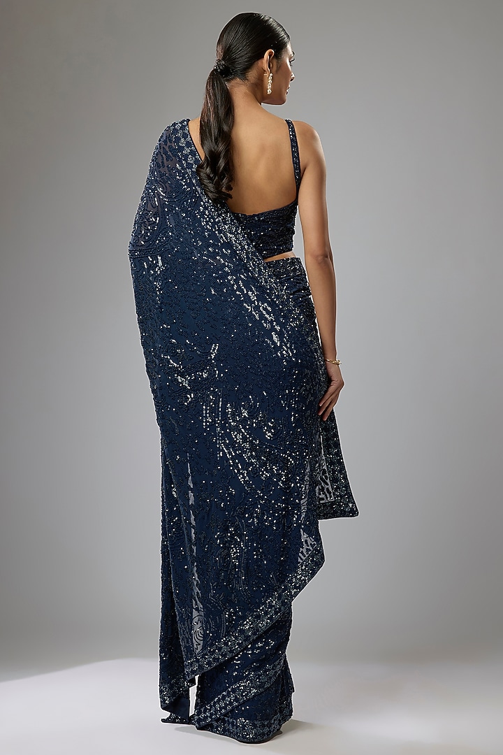 Blue Georgette Hand Embroidered Reception Saree Set by Rabani & Rakha at Pernia's Pop Up Shop