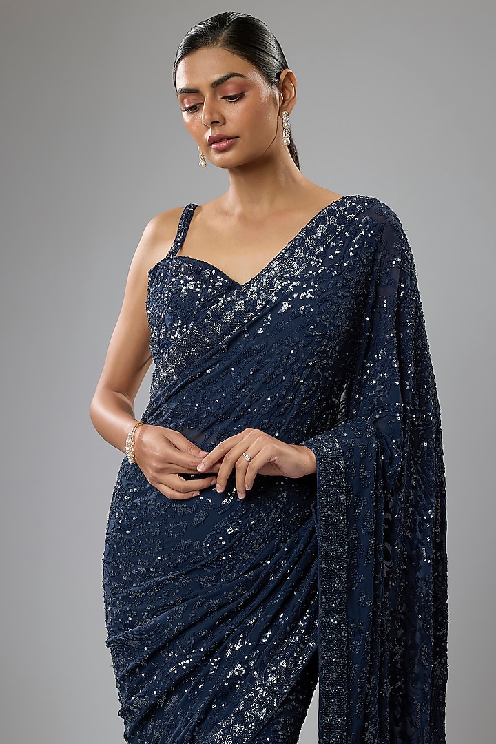 Blue Georgette Hand Embroidered Reception Saree Set by Rabani & Rakha at Pernia's Pop Up Shop