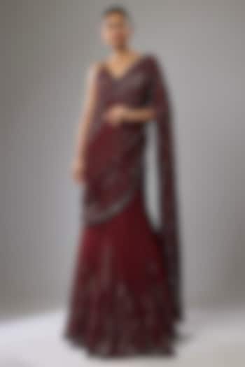 Ox Blood Red Net & Georgette Sequins Embroidered Draped Bridal Lehenga Saree Set by Rabani & Rakha at Pernia's Pop Up Shop