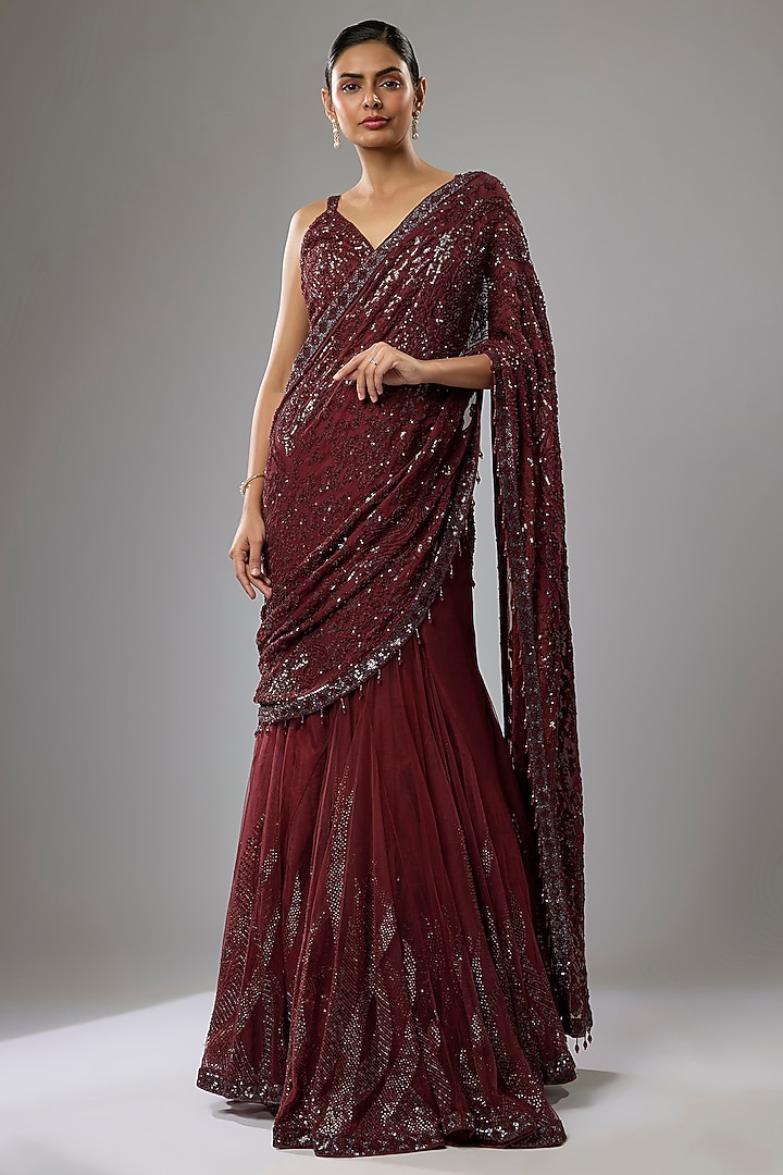 Ox Blood Red Net & Georgette Sequins Embroidered Draped Bridal Lehenga Saree Set by Rabani & Rakha at Pernia's Pop Up Shop