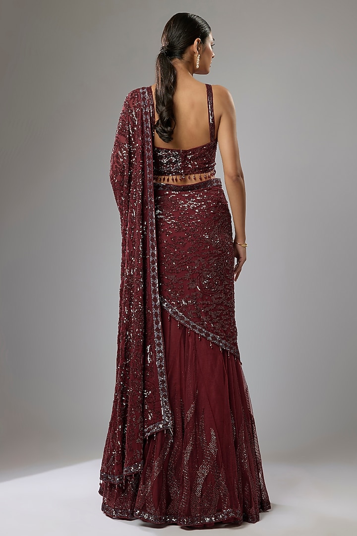 Ox Blood Red Net & Georgette Sequins Embroidered Draped Bridal Lehenga Saree Set by Rabani & Rakha at Pernia's Pop Up Shop