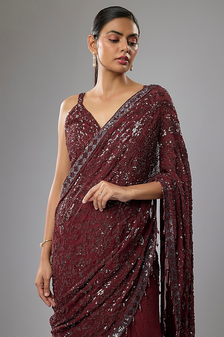 Ox Blood Red Net & Georgette Sequins Embroidered Draped Bridal Lehenga Saree Set by Rabani & Rakha at Pernia's Pop Up Shop